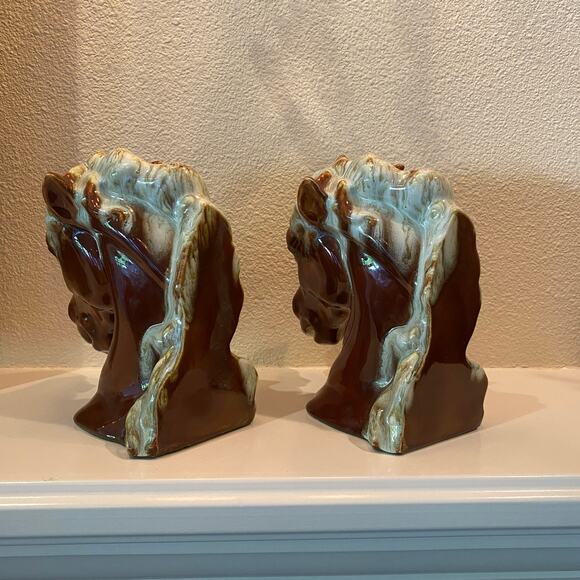 Vintage Ceramic Horse Head Bookends Brown & Cream Glaze Mid-Century Pair - Picture 10 of 13